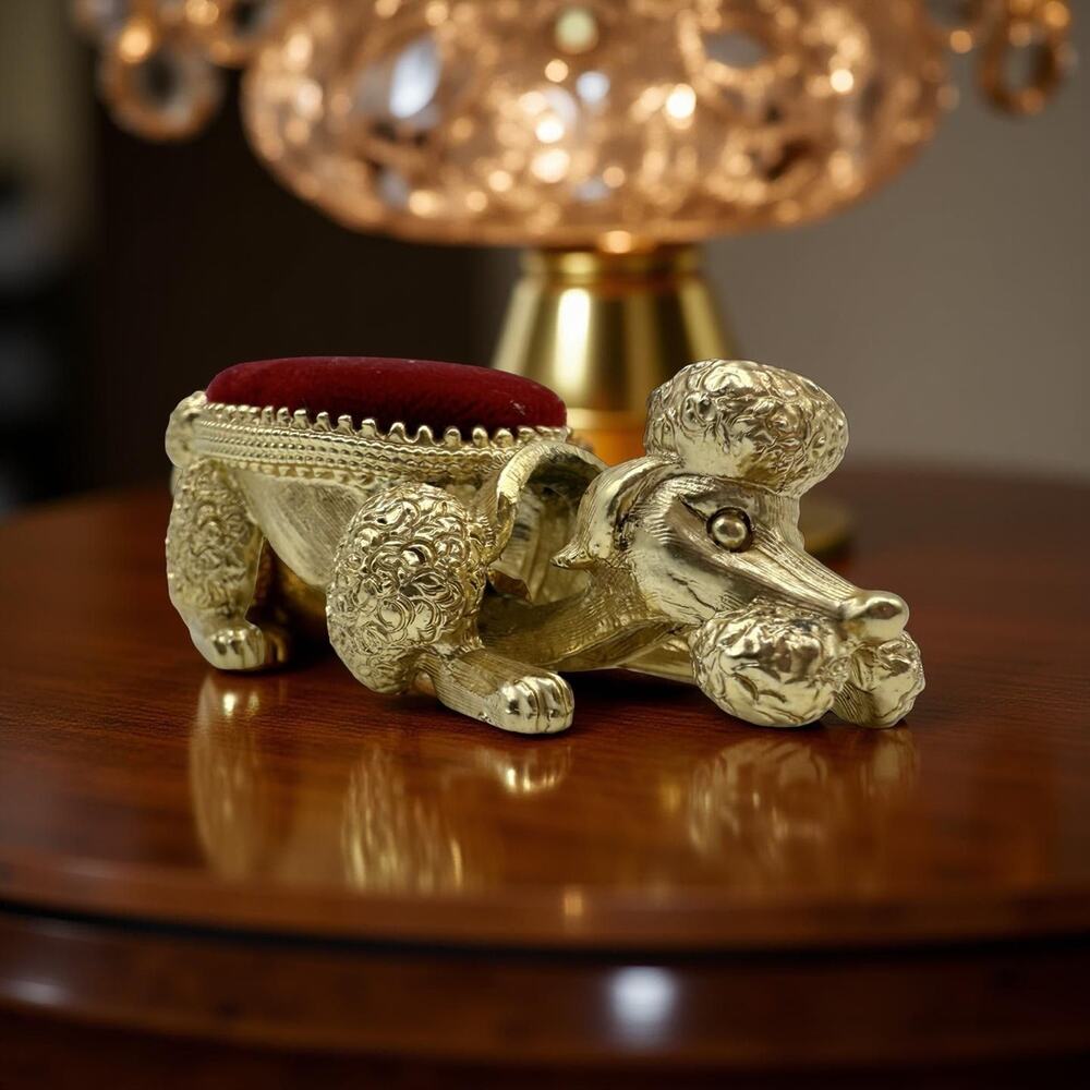 Vintage Florenza Poodle Pin Cushion Trembler Gold Tone Red Velvet 50s